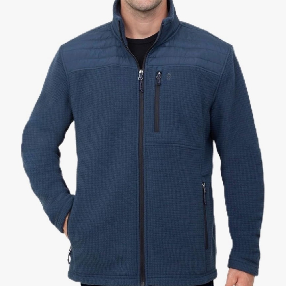 FREE COUNTRY Chayote Grid Fleece Full Zip Blue Denim Trails Men’s Large (42-44)